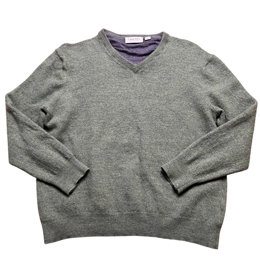 Calvin Klein Sweater Mens XXL Green Extra Fine Merino Wool V-Neck Pullover